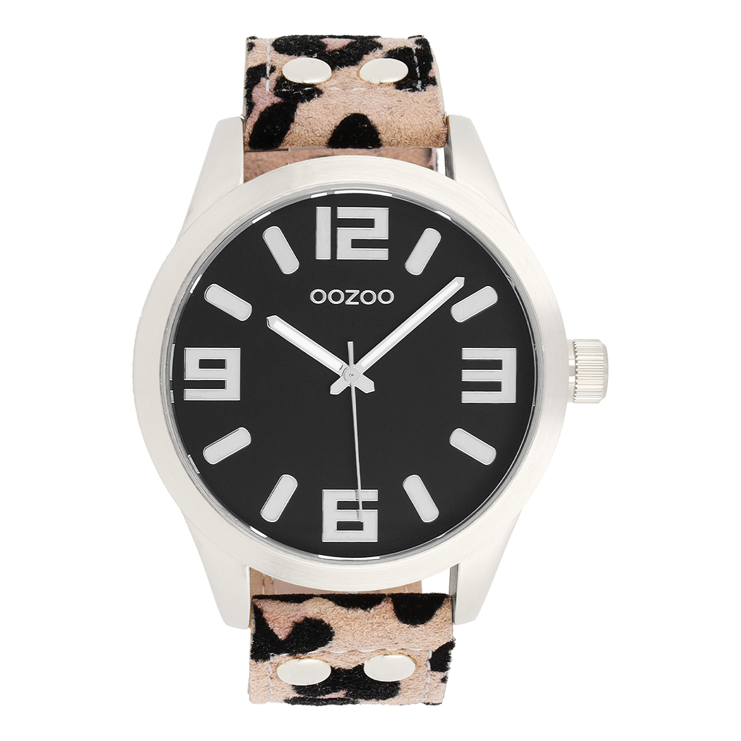 Silver coloured OOZOO watch with brown leather strap - C0901