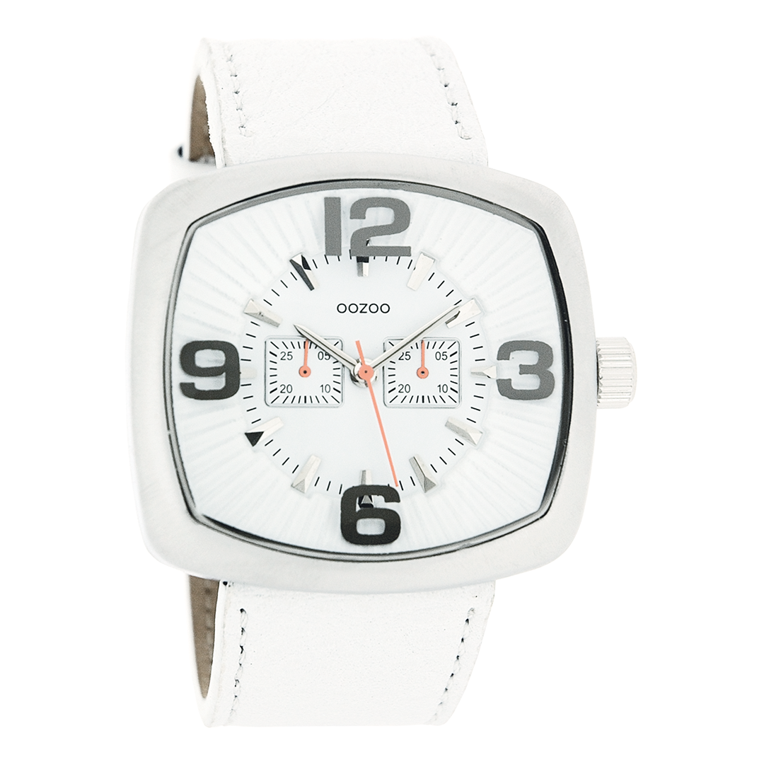 Zilverkleurige OOZOO horloge met witte leren band - C3260