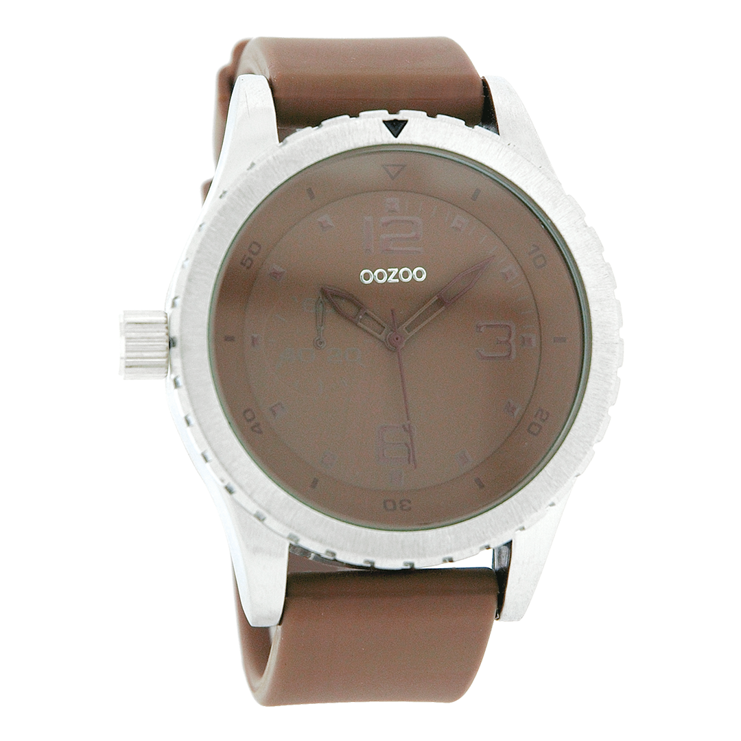 Silver coloured OOZOO watch with dark brown rubber strap - C3677