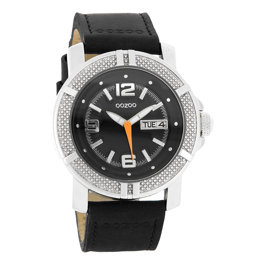Zilverkleurige OOZOO horloge met zwarte leren band - C4109