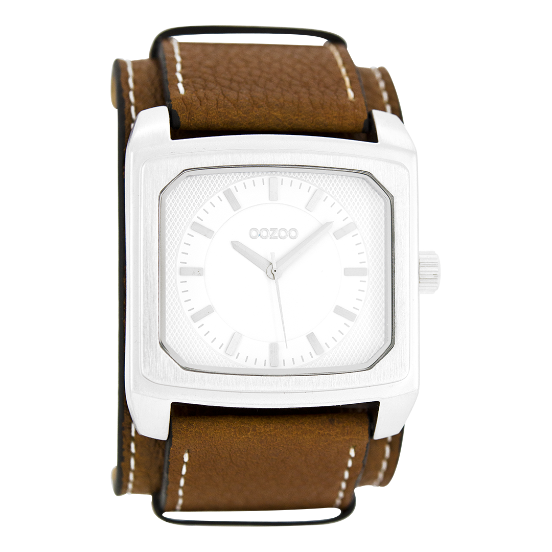 Silver coloured OOZOO watch with cognac leather strap - C5210