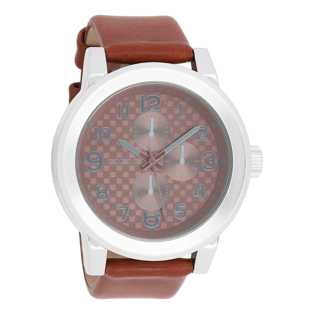 OOZOO Montre en couleur argent avec bracelet en cuir en marron - C5582