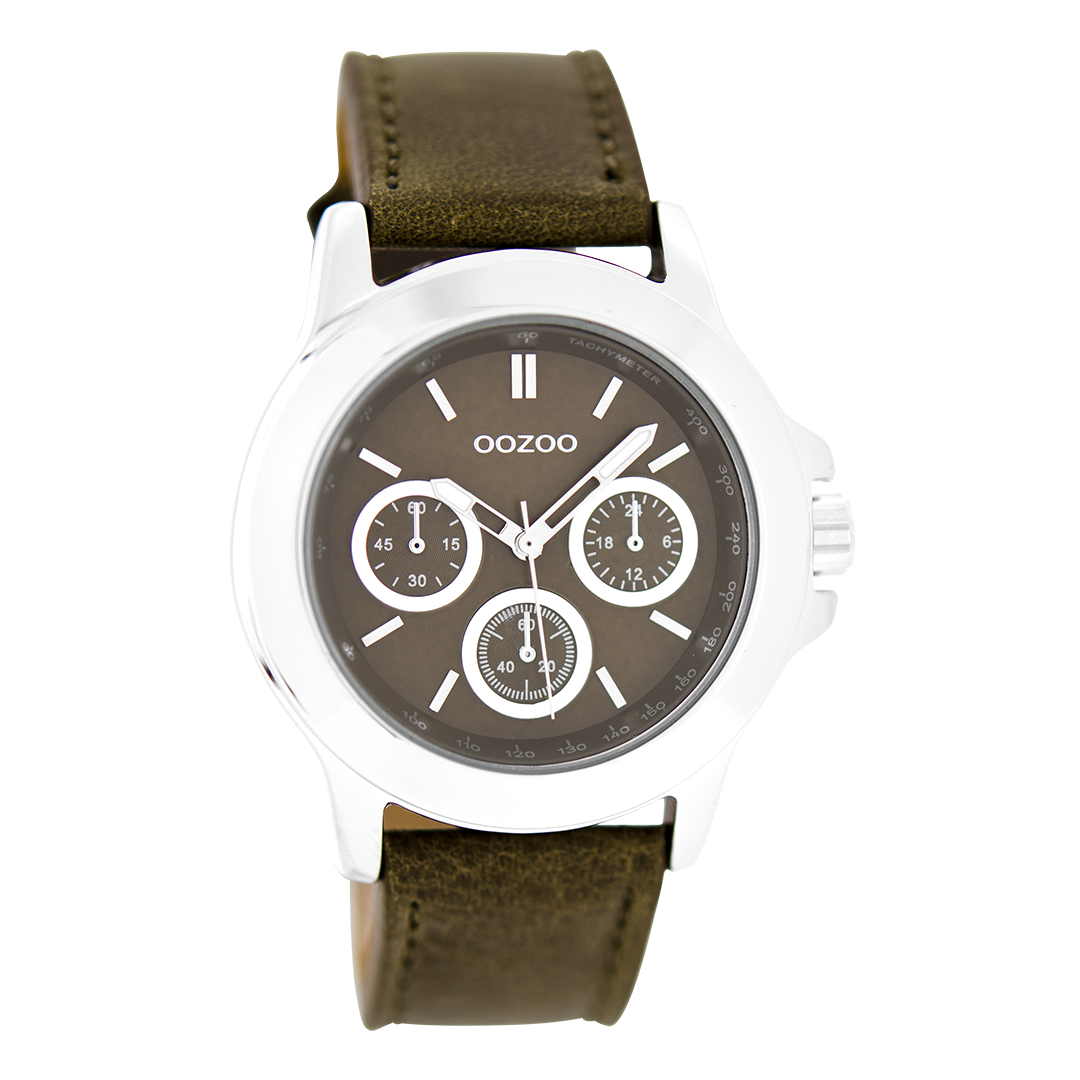 Silver coloured OOZOO watch with dark brown leather strap - C6187