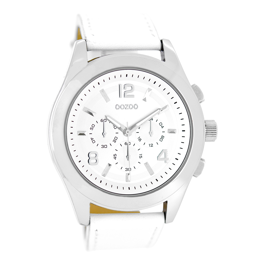 Zilverkleurige OOZOO horloge met witte leren band - C6585