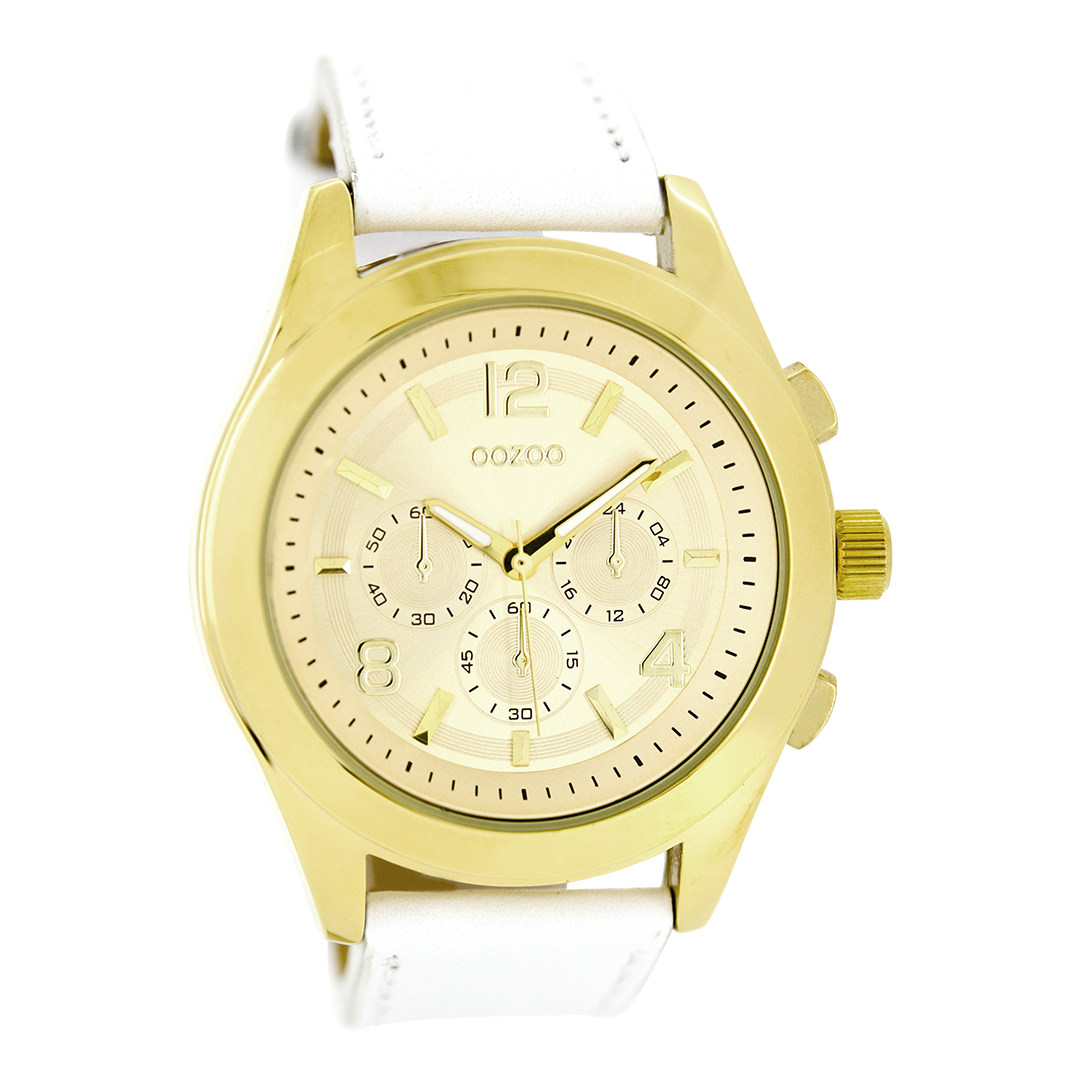 Goudkleurige OOZOO horloge met witte leren band - C6588