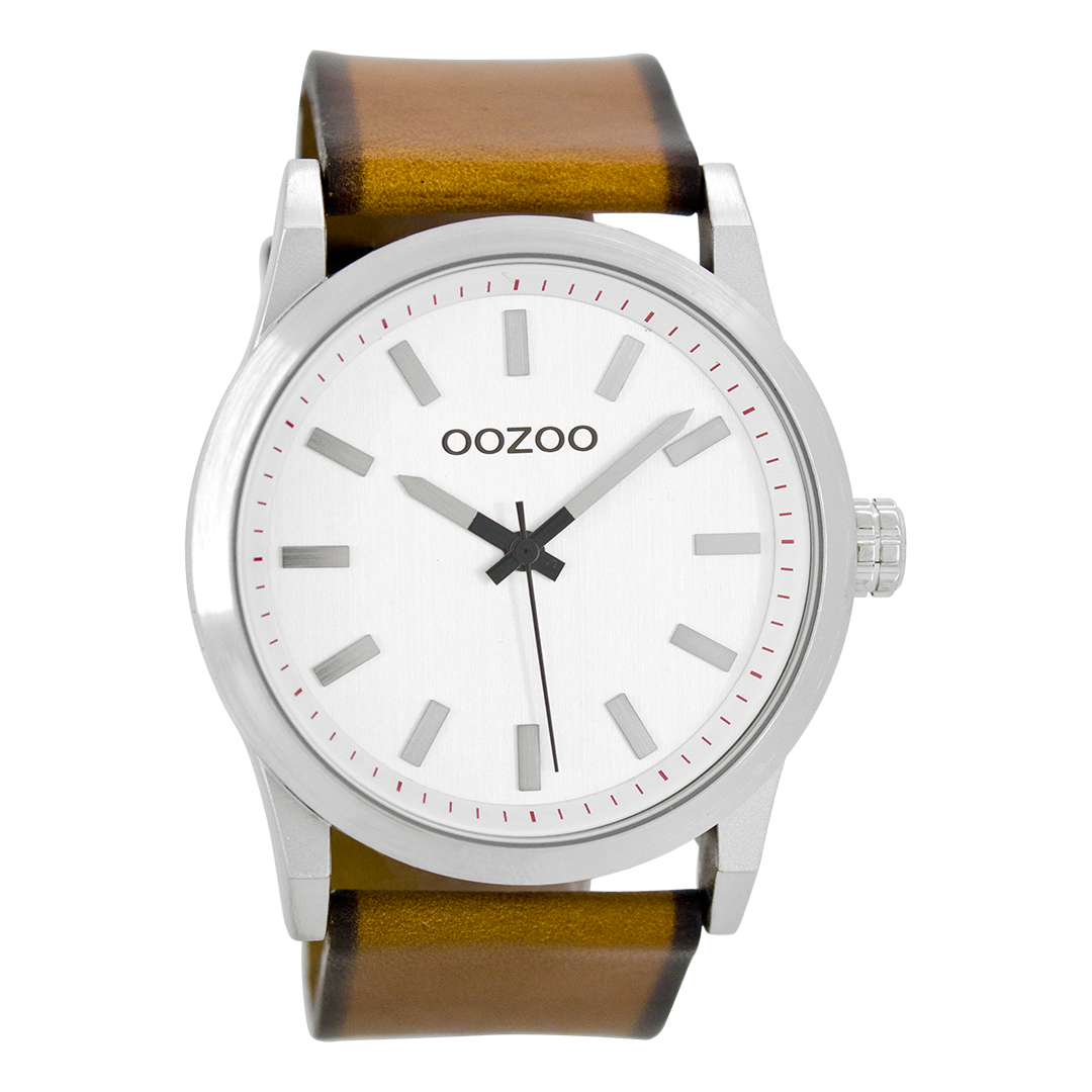 Silver coloured OOZOO watch with cognac leather strap - C7036