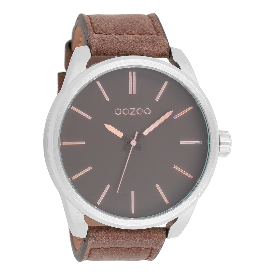 Silver coloured OOZOO watch with dark brown leather strap - C7073