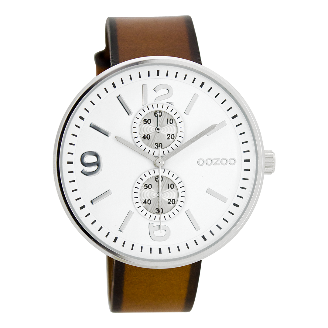 Silver coloured OOZOO watch with cognac leather strap - C7076