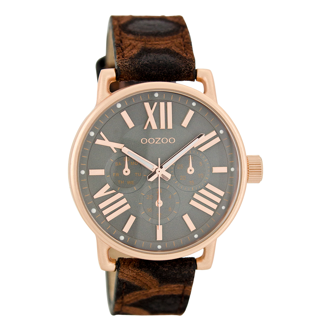 Rose gold coloured OOZOO watch with brown leather strap - C7189