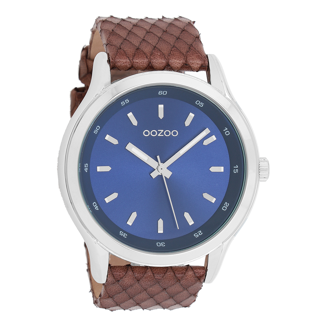 Silver coloured OOZOO watch with brown leather strap - C7432