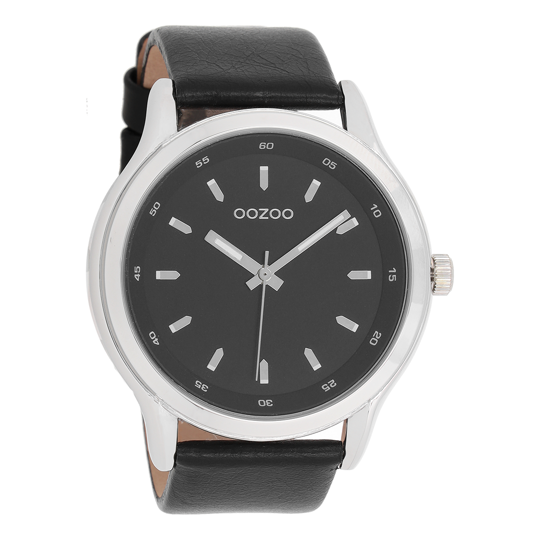 Silver coloured OOZOO watch with black leather strap - C7434