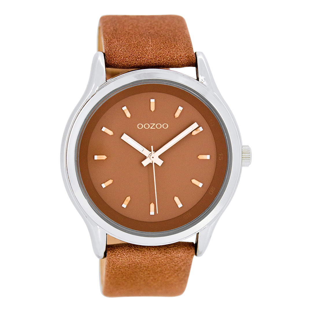 Silver coloured OOZOO watch with dusty orange leather strap - C7437