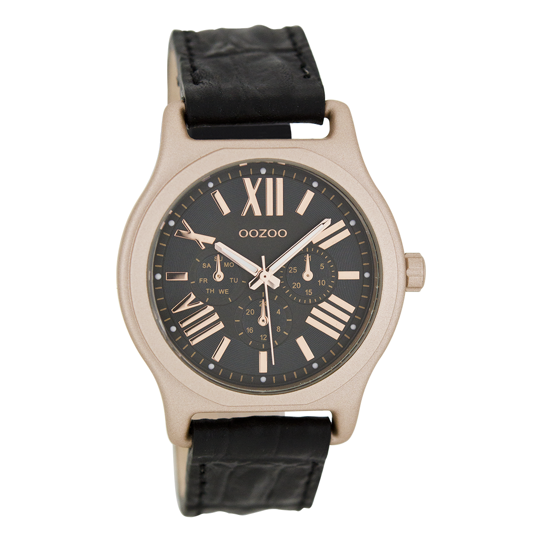Rose gold coloured OOZOO watch with black leather strap - C7614