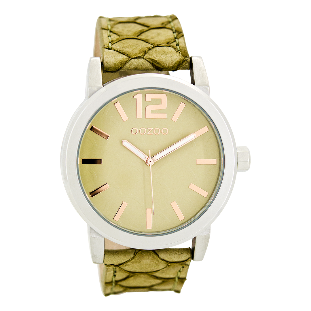 Silver coloured OOZOO watch with sand/light green leather strap - C7995