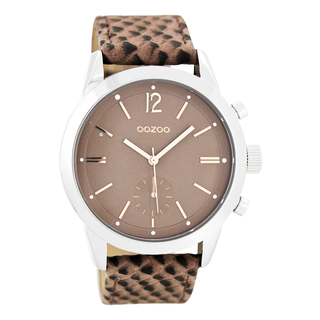 Zilverkleurige OOZOO horloge met oud roze leren band - C8013