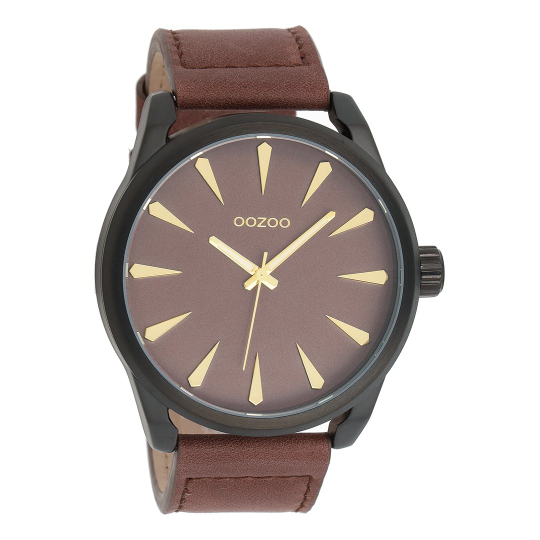 Zwarte OOZOO horloge met bruine leren band - C8227
