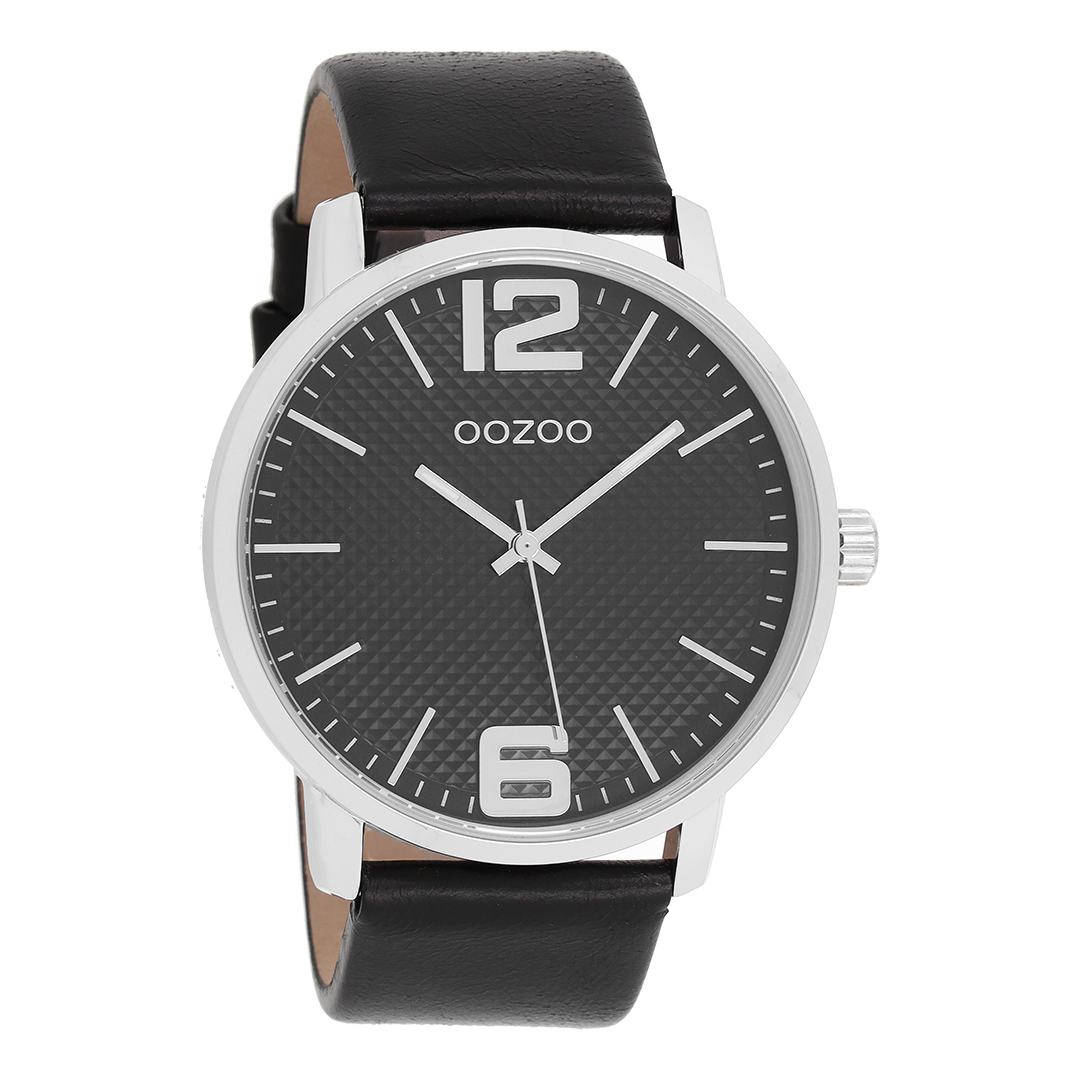 Silver coloured OOZOO watch with black leather strap - C8504
