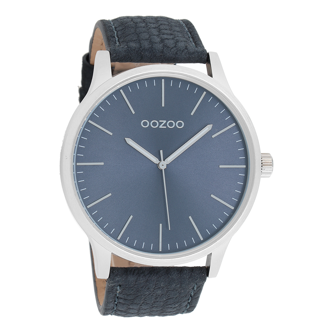 Silver coloured OOZOO watch with dark blue leather strap - C8537
