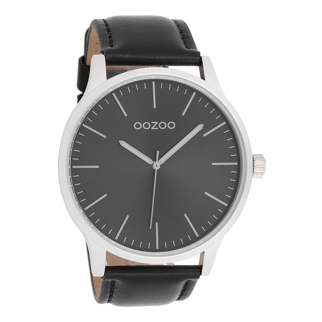 Silver coloured OOZOO watch with black leather strap - C8539