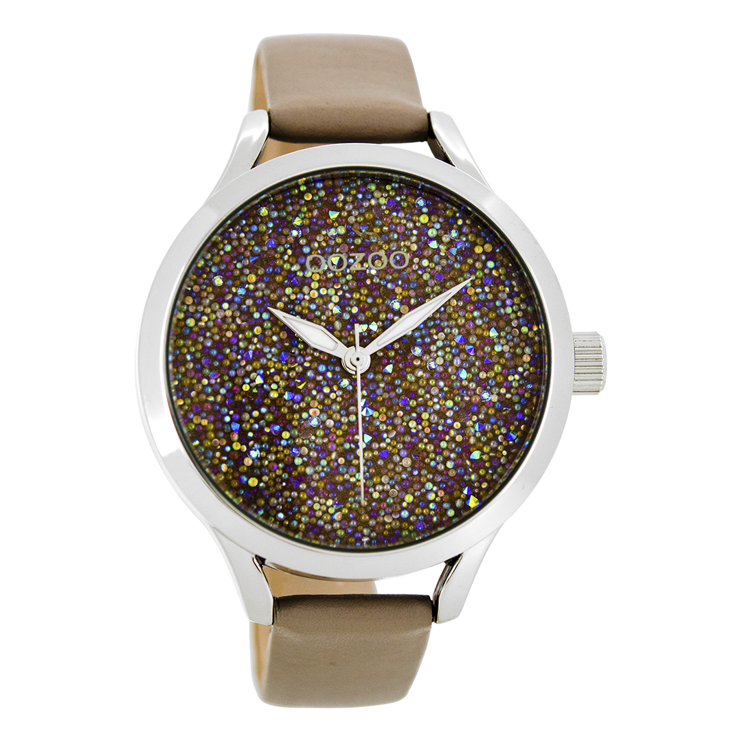 Silver coloured OOZOO watch with taupe leather strap - C8647