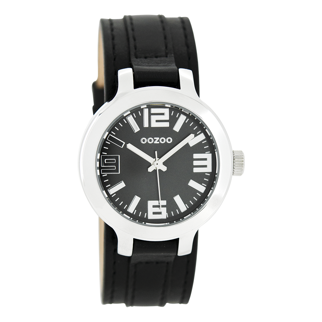 Silver coloured OOZOO watch with black leather strap - C8709