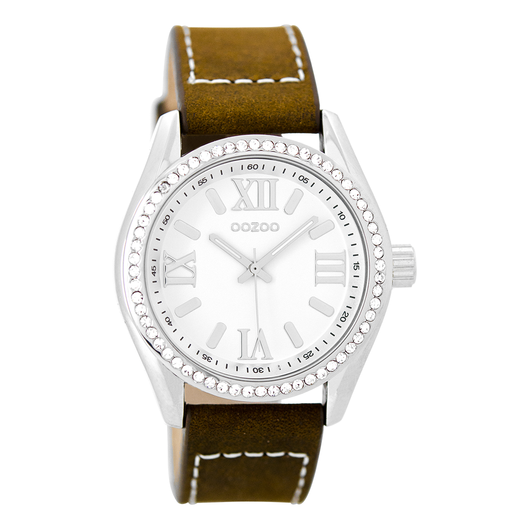 Silver coloured OOZOO watch with cognac leather strap - C8739