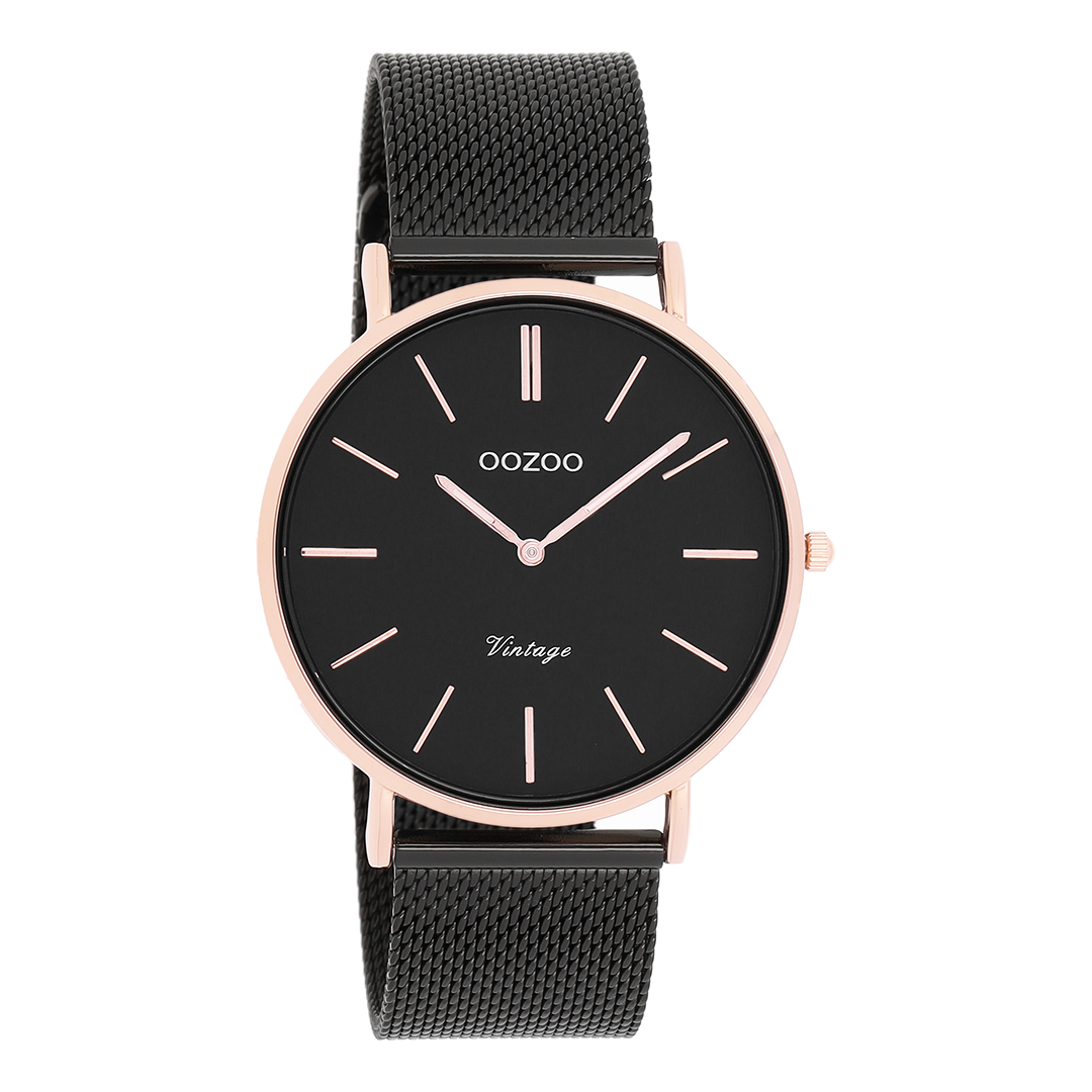Rose gold coloured OOZOO watch with black metal mesh bracelet - C8869