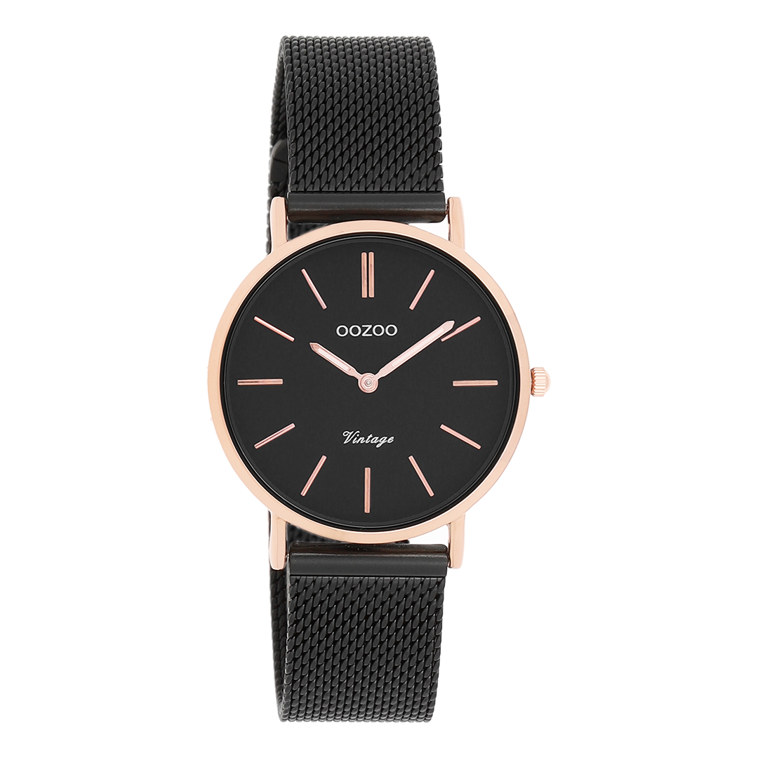 Rose gold coloured OOZOO watch with black metal mesh bracelet - C8871