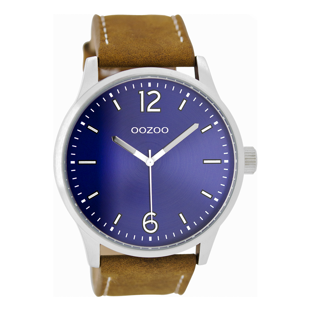 Silver coloured OOZOO watch with brown leather strap - C9046