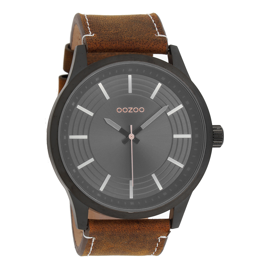Black OOZOO watch with dark brown leather strap - C9077