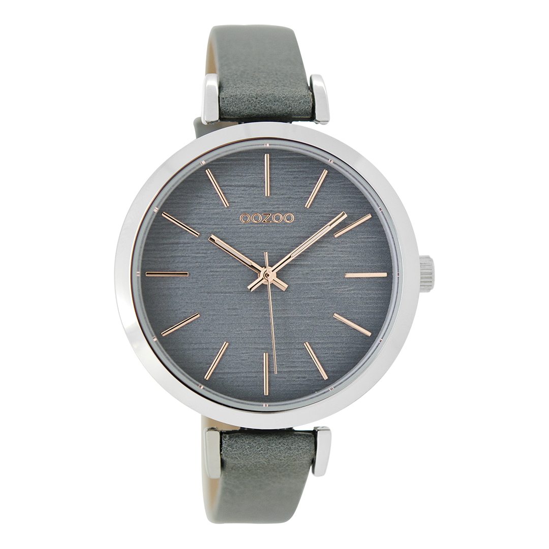 Silver coloured OOZOO watch with aqua grey leather strap - C9138