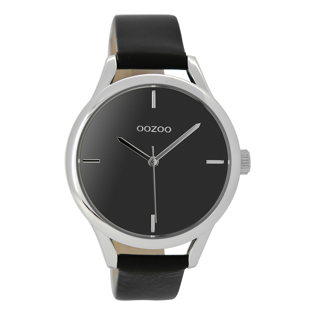 Silver coloured OOZOO watch with black leather strap - C9144