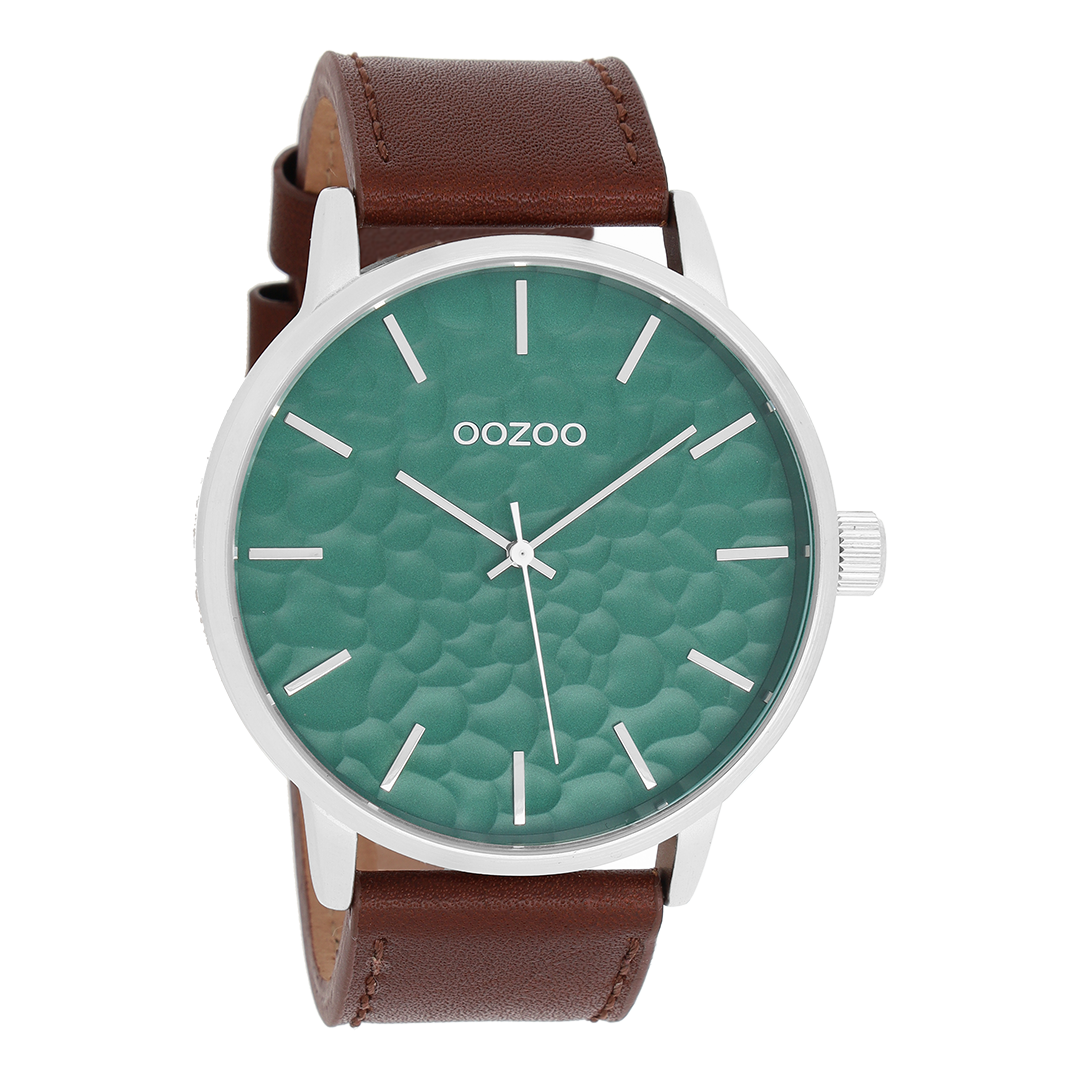 Silver coloured OOZOO watch with brown leather strap - C9441