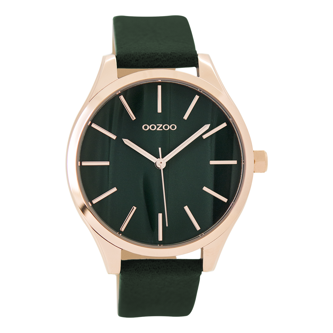 Rose gold coloured OOZOO watch with dark green leather strap - C9503