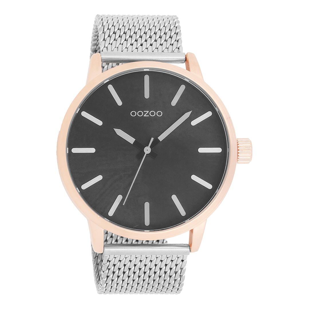 OOZOO Montre en couleur or rose avec bracelet en mesh en couleur argent - C9657