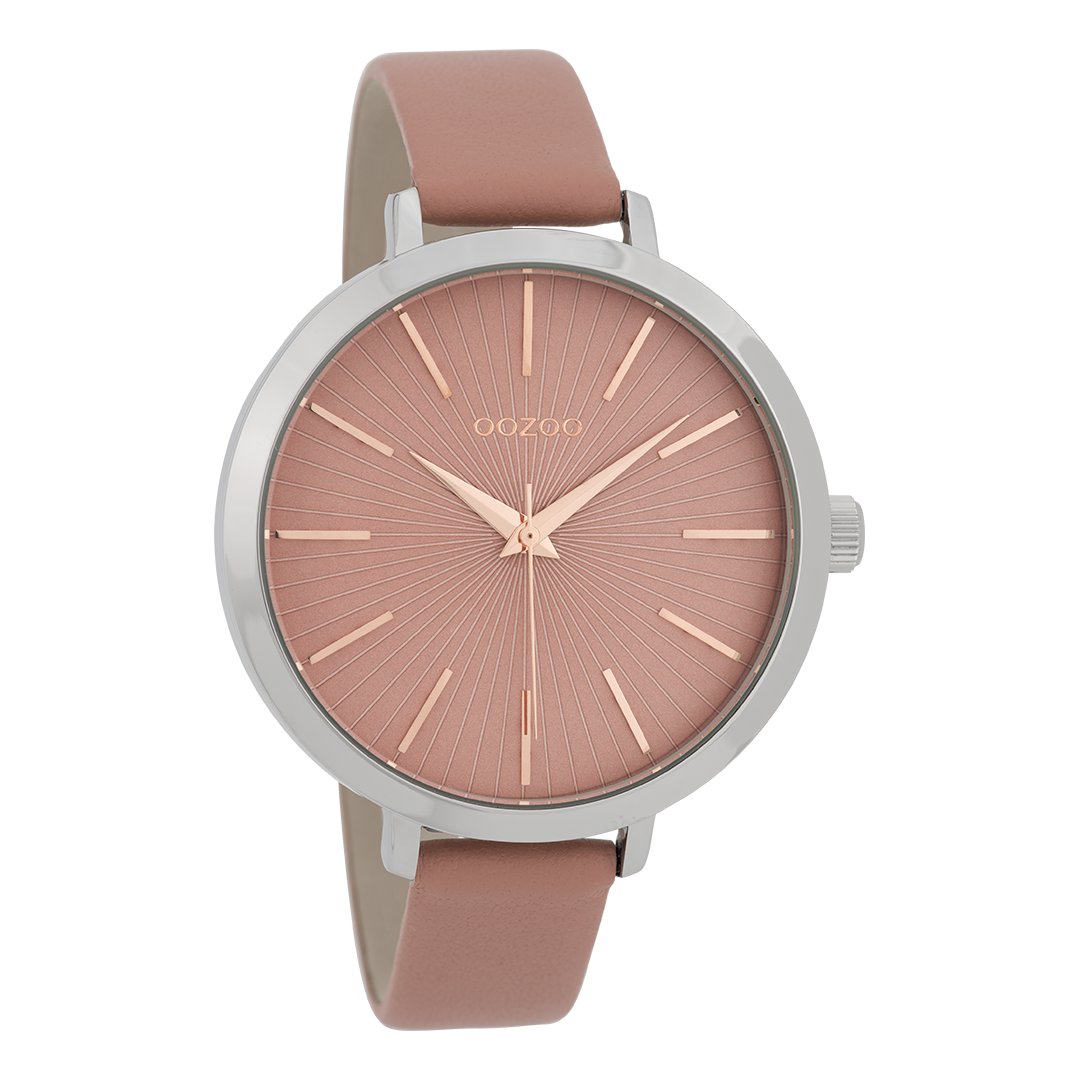 Silver coloured OOZOO watch with warm pink leather strap - C9672