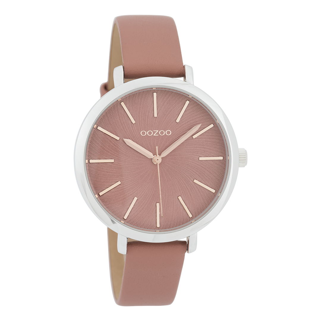 Silver coloured OOZOO watch with warm pink leather strap - C9696