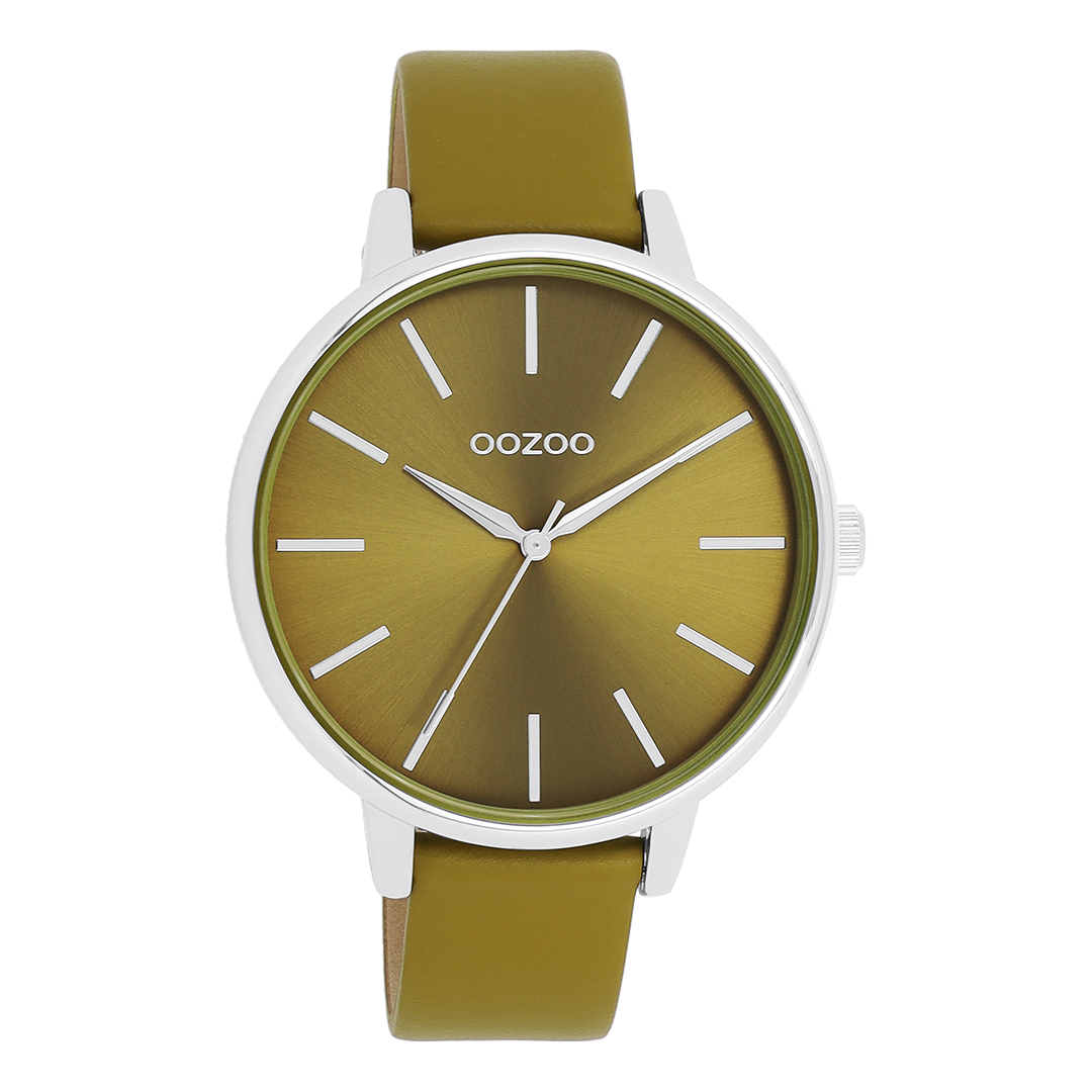Silver coloured OOZOO watch with olive green leather strap - C11298